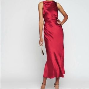 Reformation Casette Midi Silk Dress Ruby Red Wine